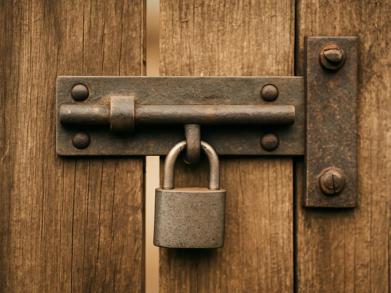 A rusted padlock hangs from a metal latch on weathered wooden doors