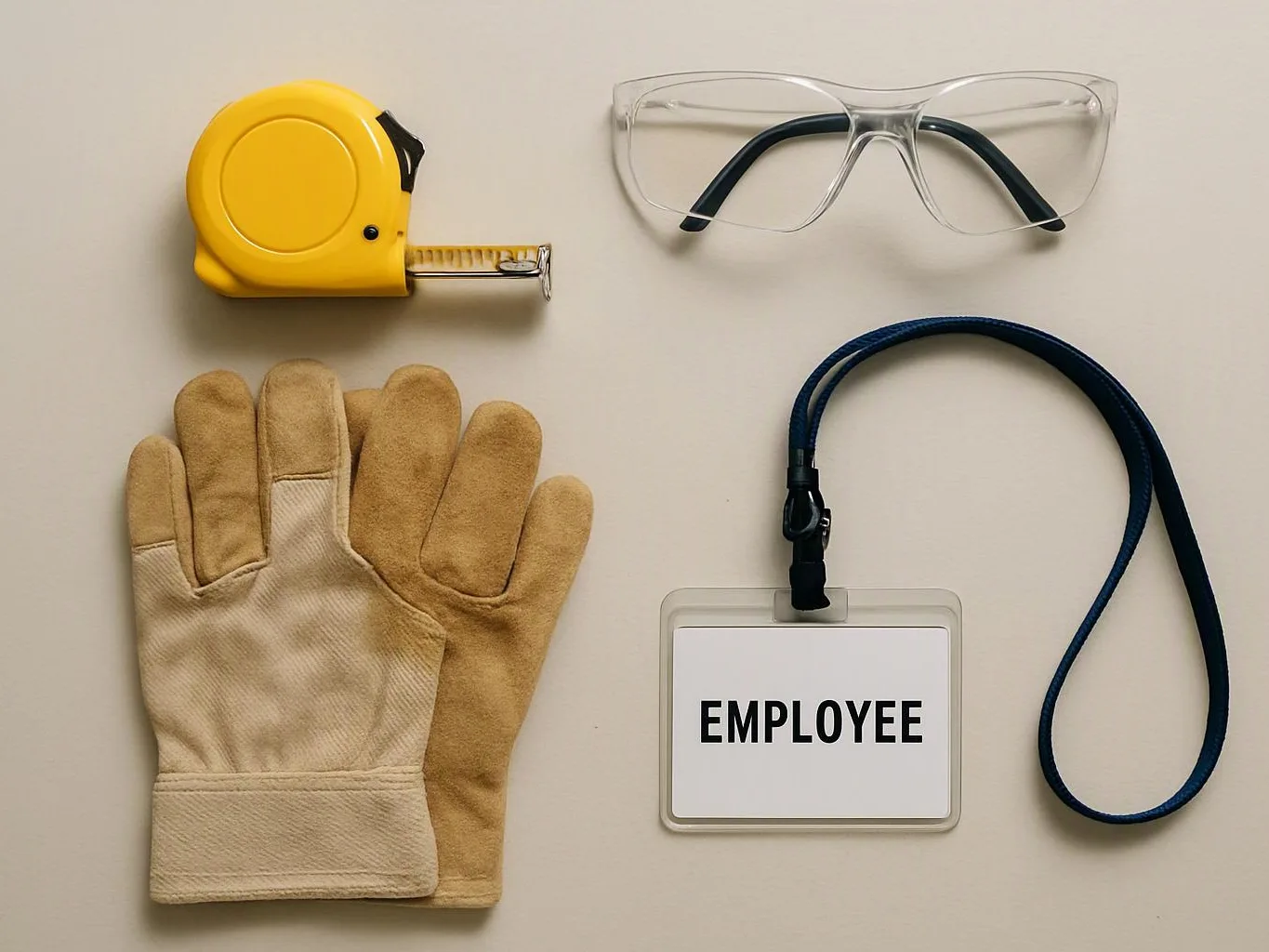 Safety gear and an employee badge arranged on a plain surface