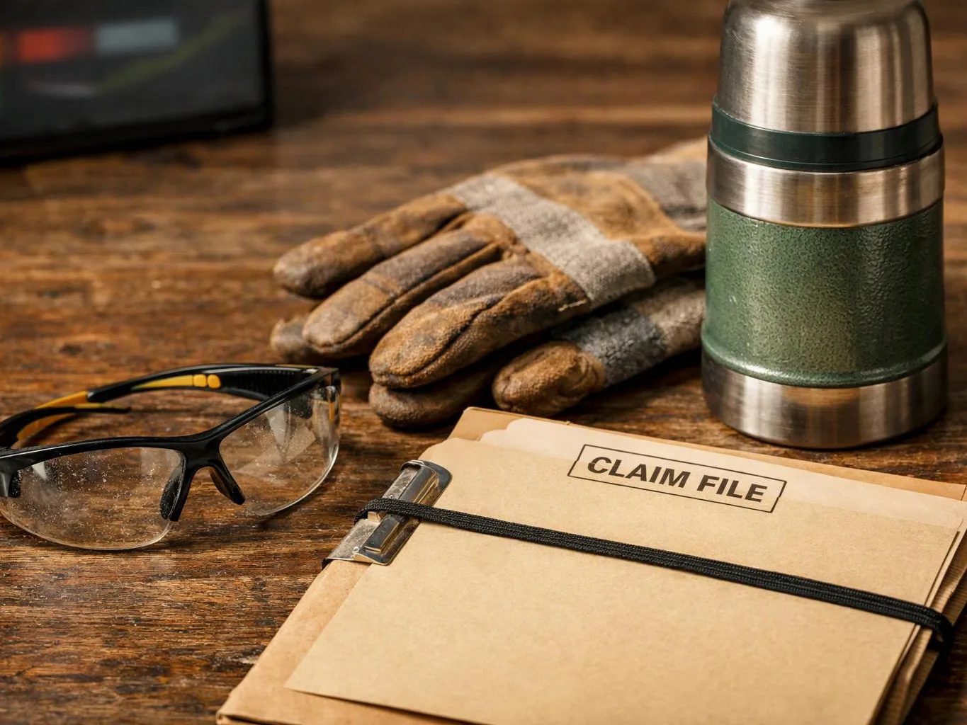 Safety glasses, worn gloves, a thermos, and a folder labeled “CLAIM FILE” sit on a wooden table
