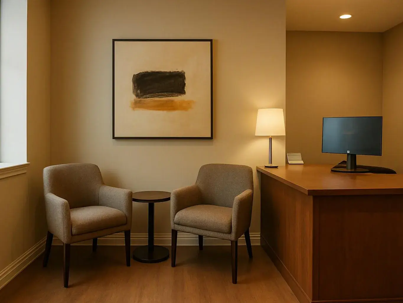 A small beige office with two chairs, a side table, wall art, a desk lamp, and a computer monitor