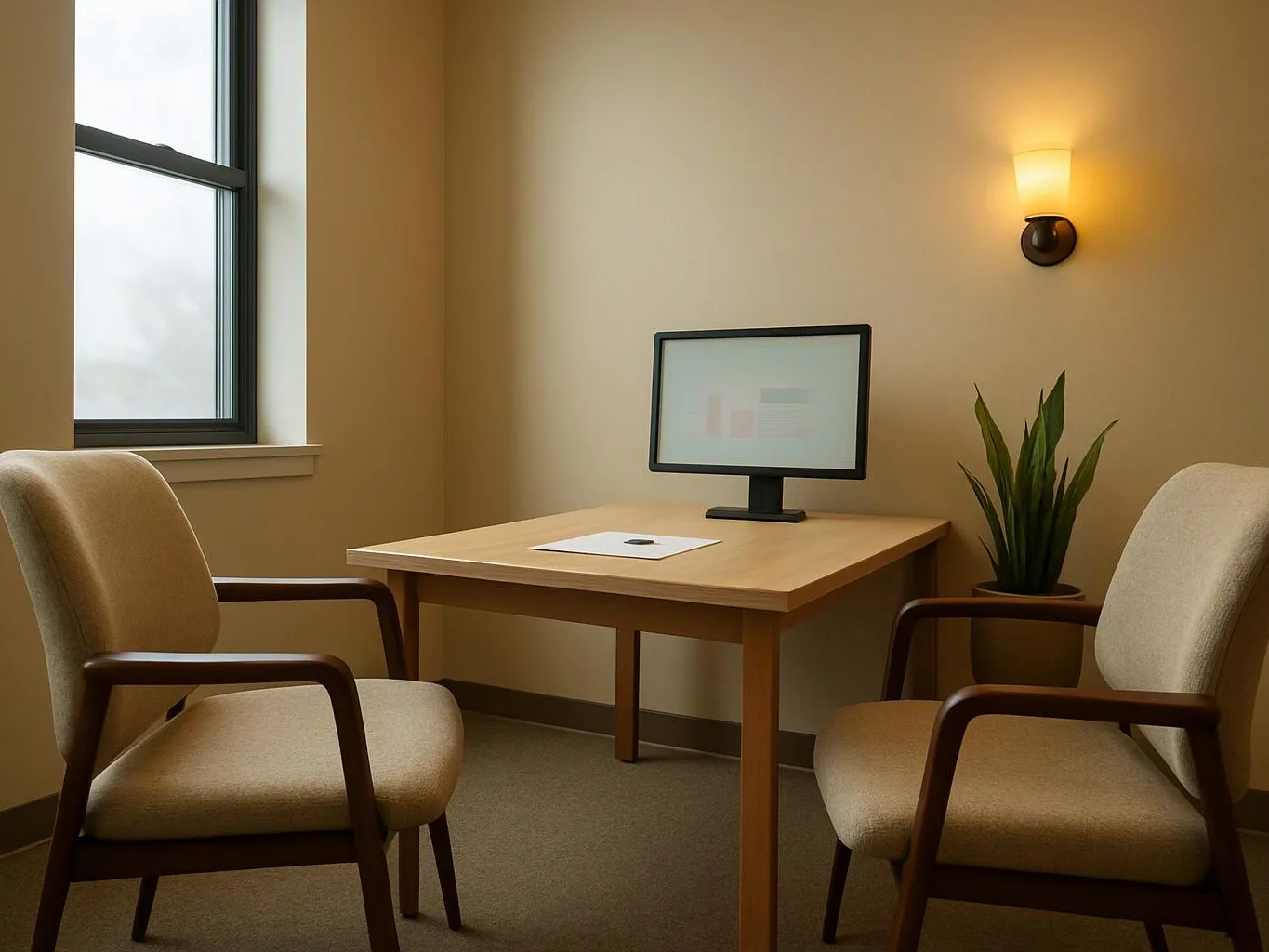 A small office room has two beige chairs, a wooden table, a monitor, a plant, and a wall lamp by a window