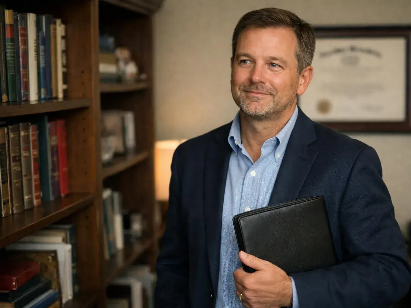A smiling man in a blazer holds a black portfolio beside bookshelves in an office