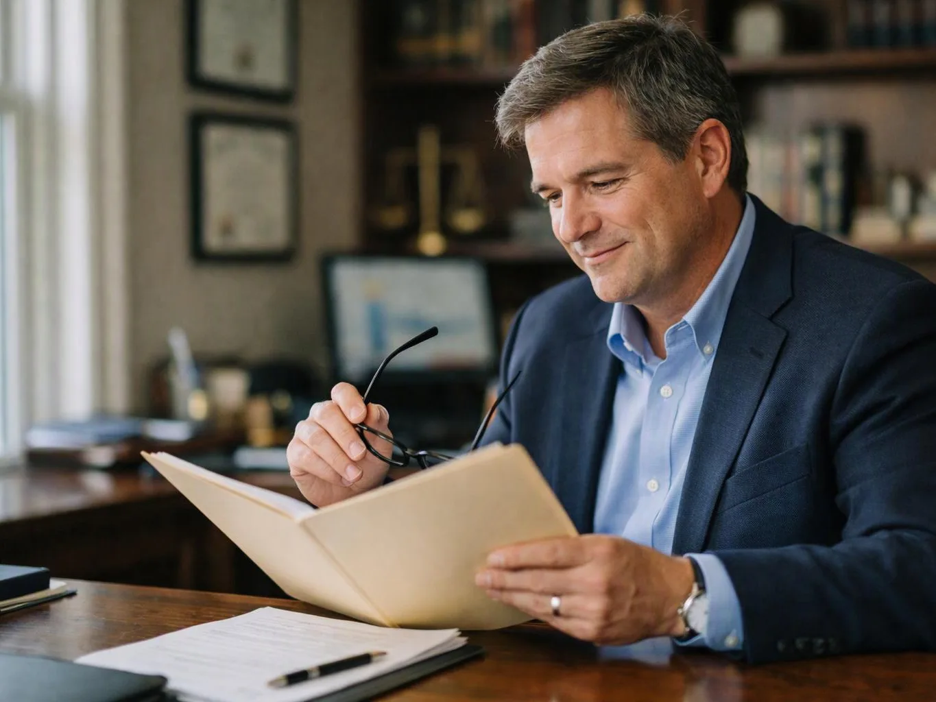 A smiling man in a blazer reads a folder at a wooden desk in a home office