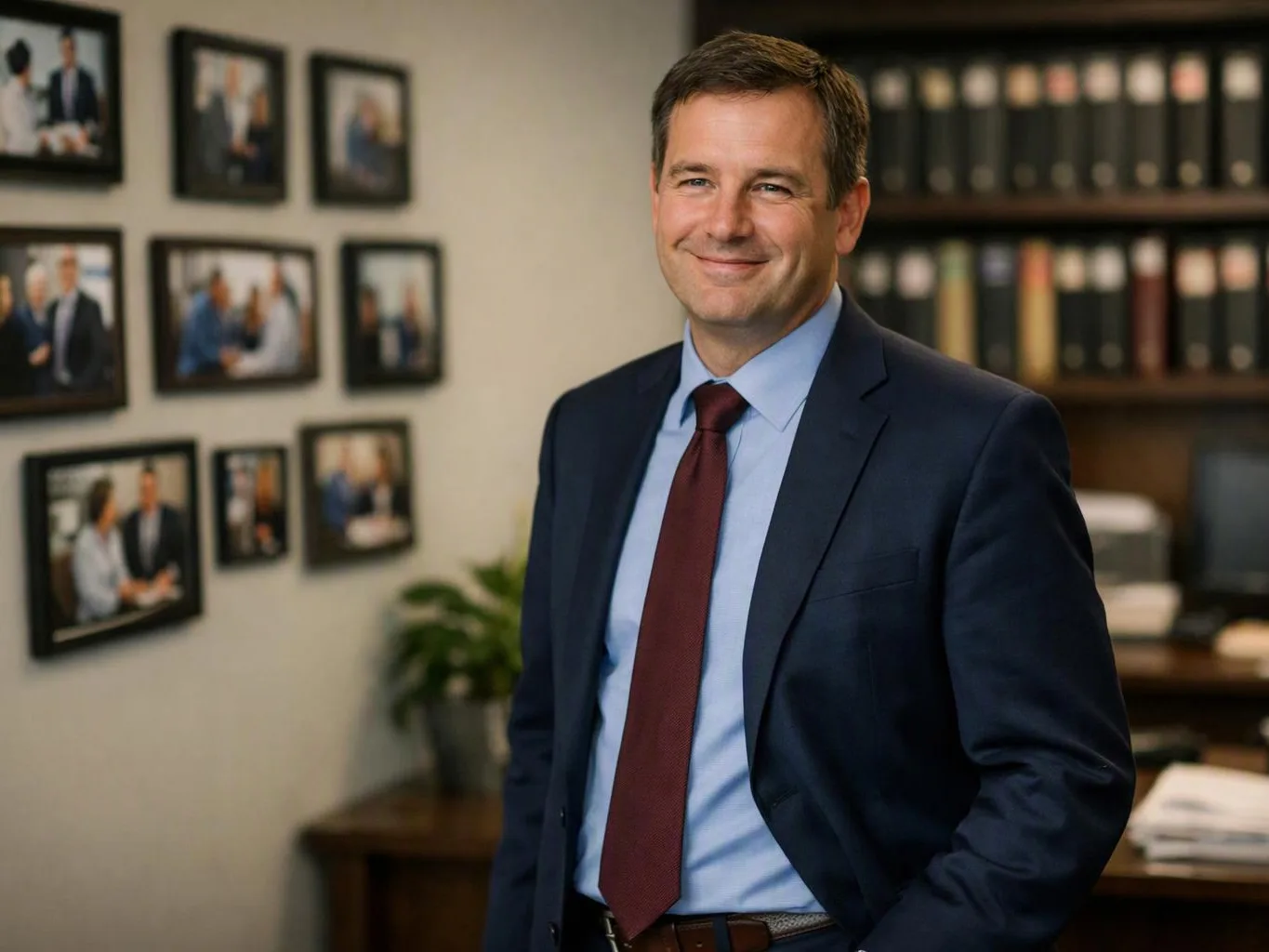 A smiling man in a suit stands in an office with framed photos and binders behind him
