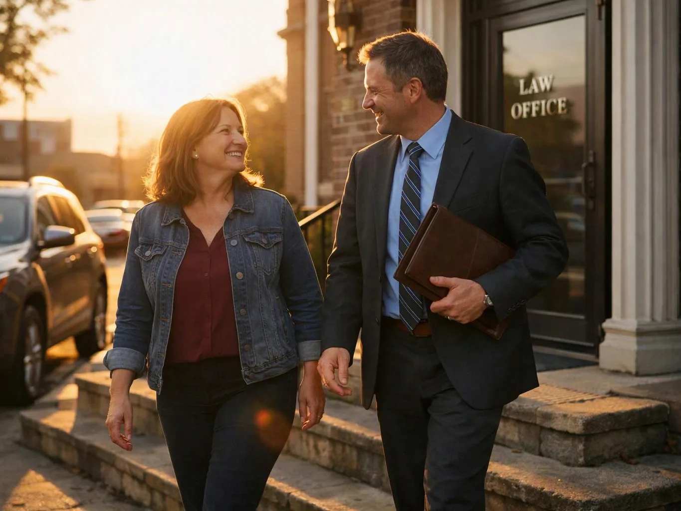 A smiling man in a suit and a woman in a denim jacket walk past a at sunset