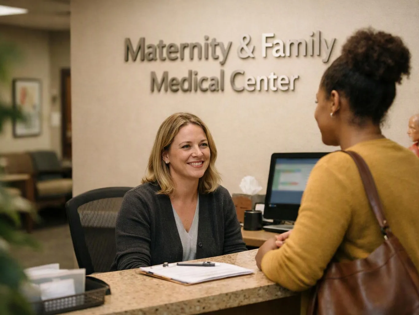 A smiling receptionist helps a woman at a medical center desk with a computer behind them