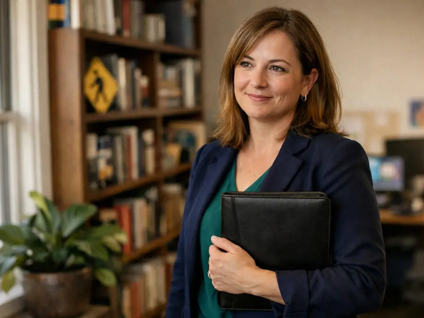 A smiling woman stands in an office, holding a black folder in front of bookshelves and a plant