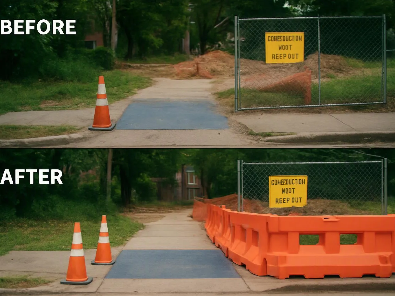 A split before and after view shows a sidewalk work area with traffic cones, fencing, a yellow sign, and orange barriers
