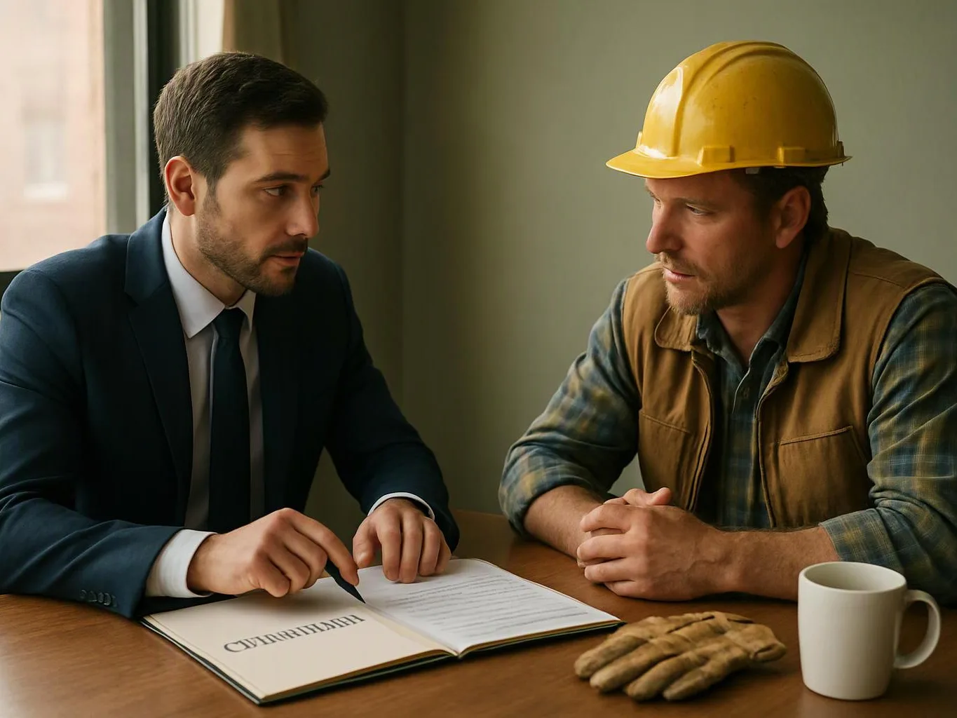 A suited man and a hardhat worker lean over papers at a table beside gloves and a mug