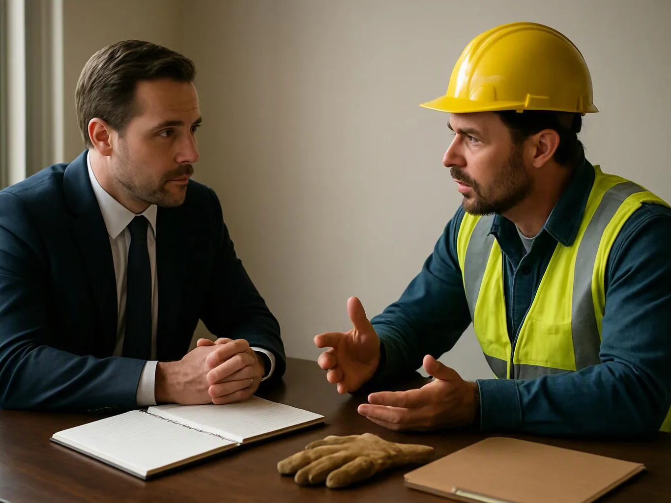 A suited man and a hardhat worker talk across a table with notebooks and gloves in a plain room