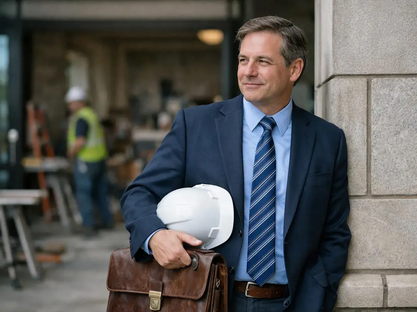 A suited man holds a white hard hat and leather briefcase beside a stone wall at a construction site