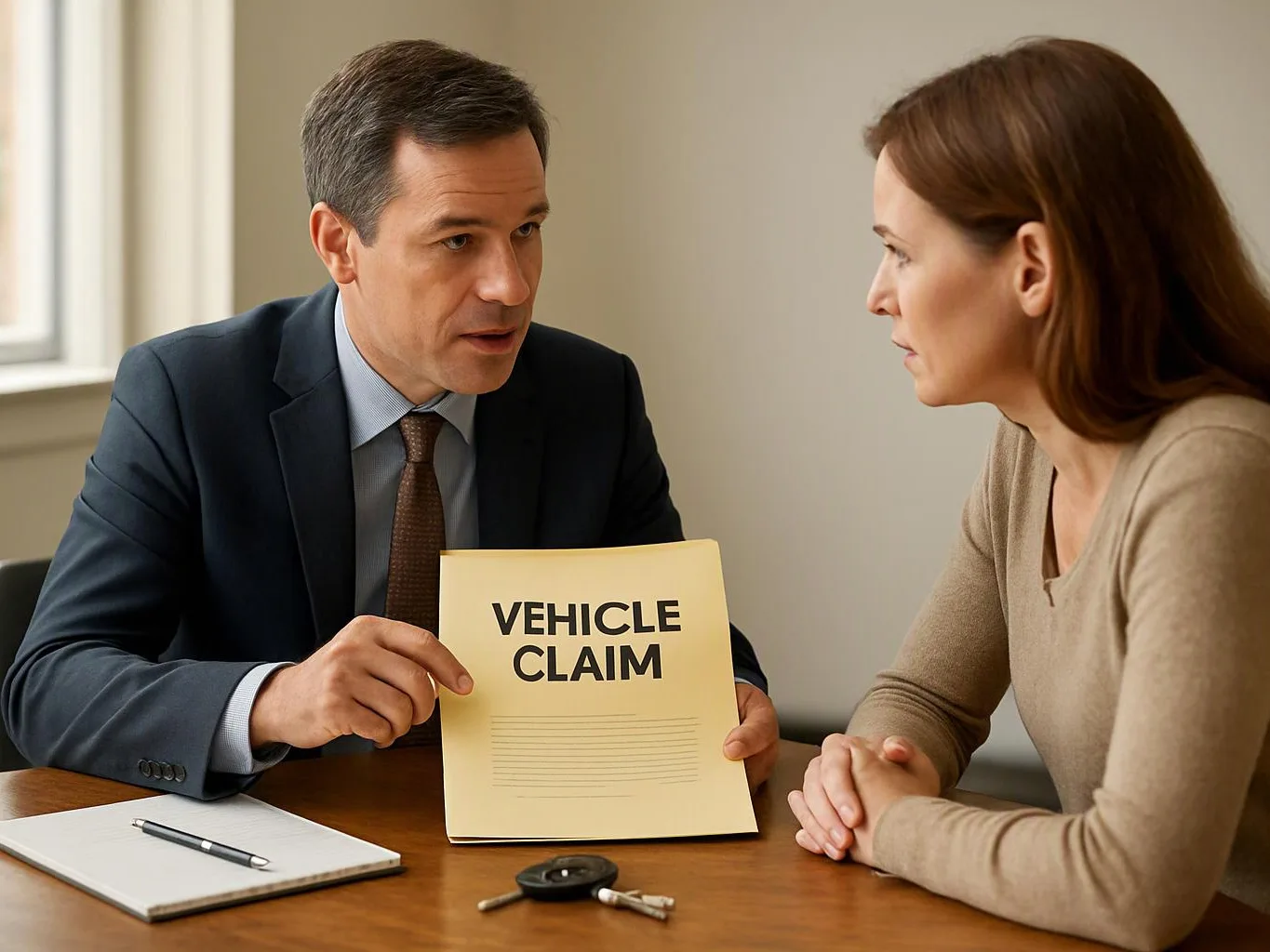 A suited man shows a woman a folder labeled “VEHICLE CLAIM” across a table in a plain office