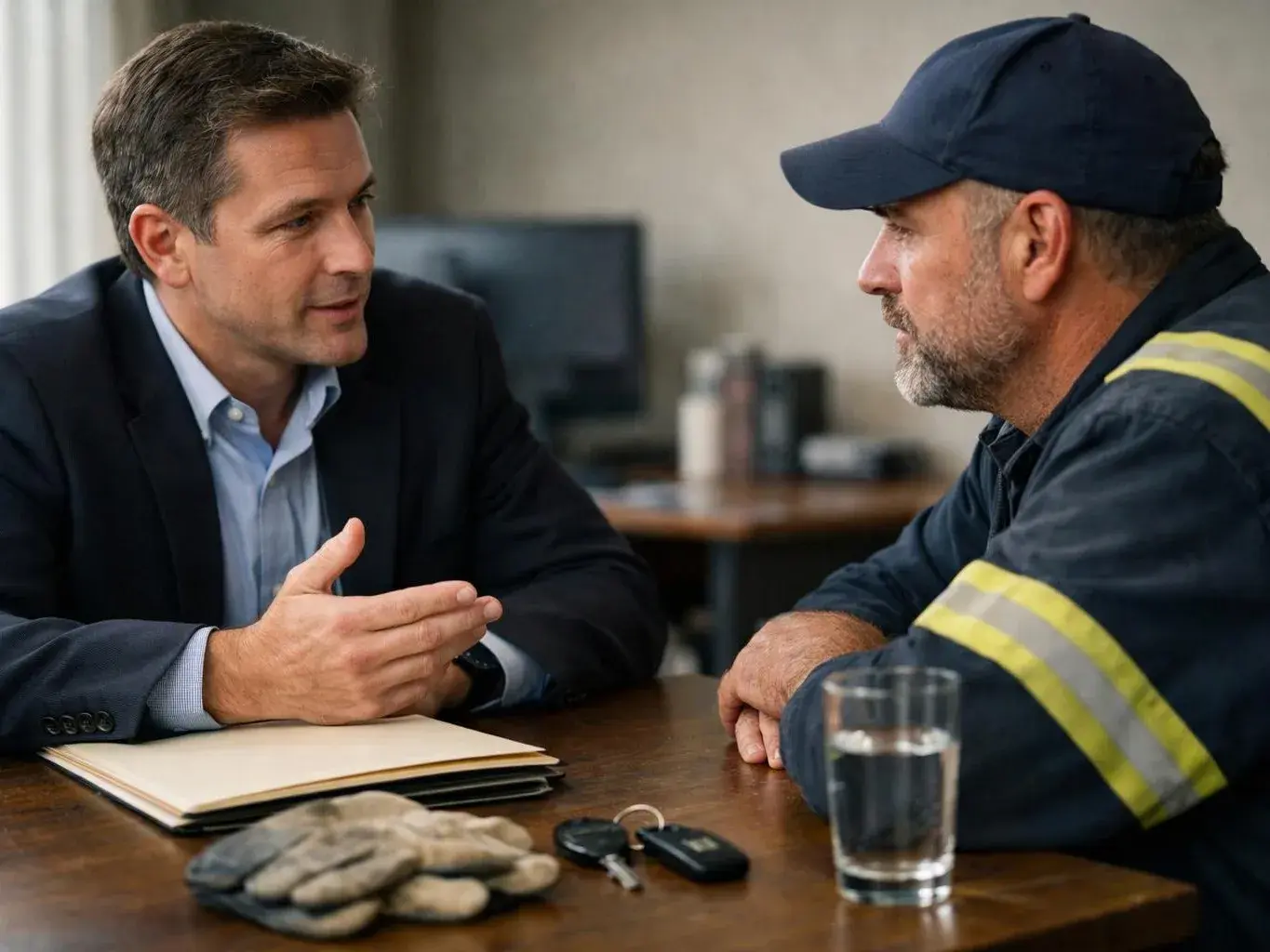 A suited man talks with a uniformed worker across a table, with gloves, keys, and a glass of water in front of them