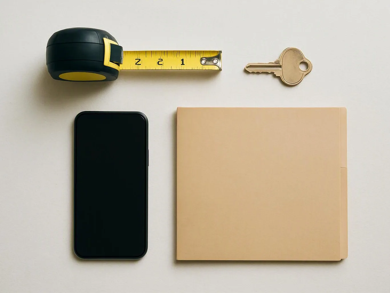 A tape measure, key, smartphone, and beige folder are arranged on a white surface