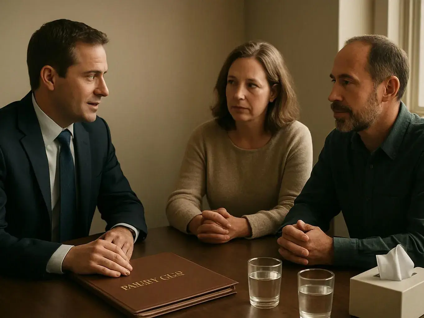 Three adults sit at a table in a quiet room, talking beside two water glasses and a tissue box