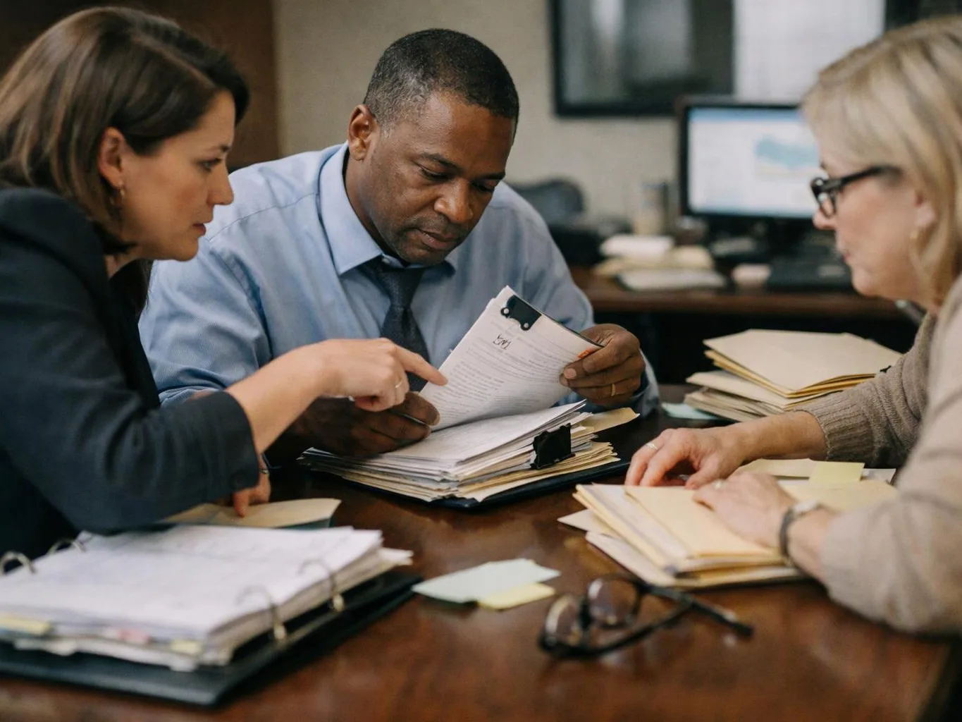 Three coworkers review documents together at a table in an office, with folders and papers spread out around them