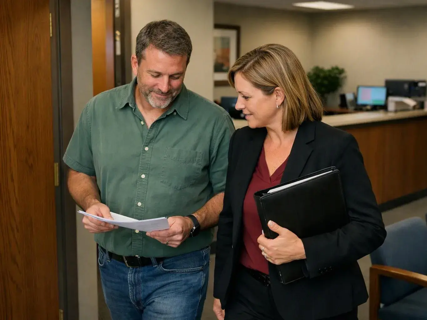 Two adults stand in an office lobby, looking at a paper together, while one holds a black folder