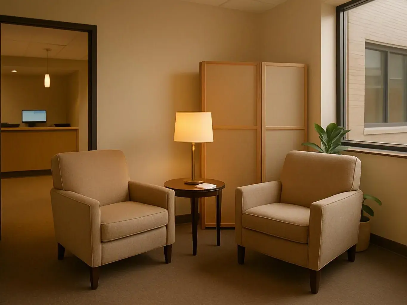 Two beige armchairs face a small lamp-lit table in a quiet waiting room