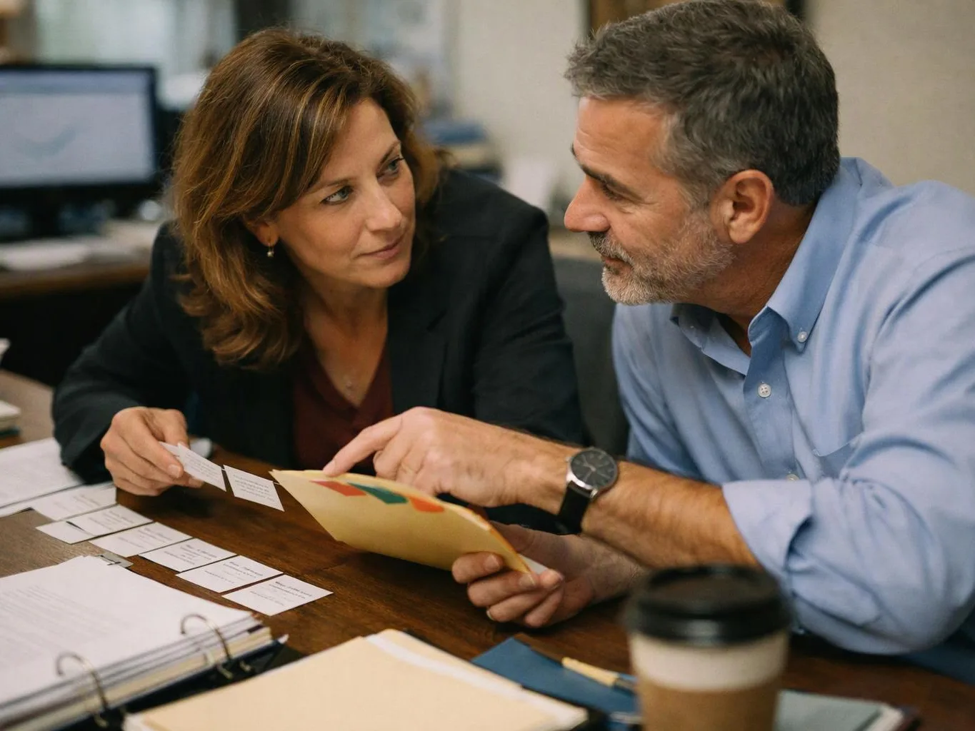 Two coworkers lean over a desk, studying cards and a folder in an office workspace