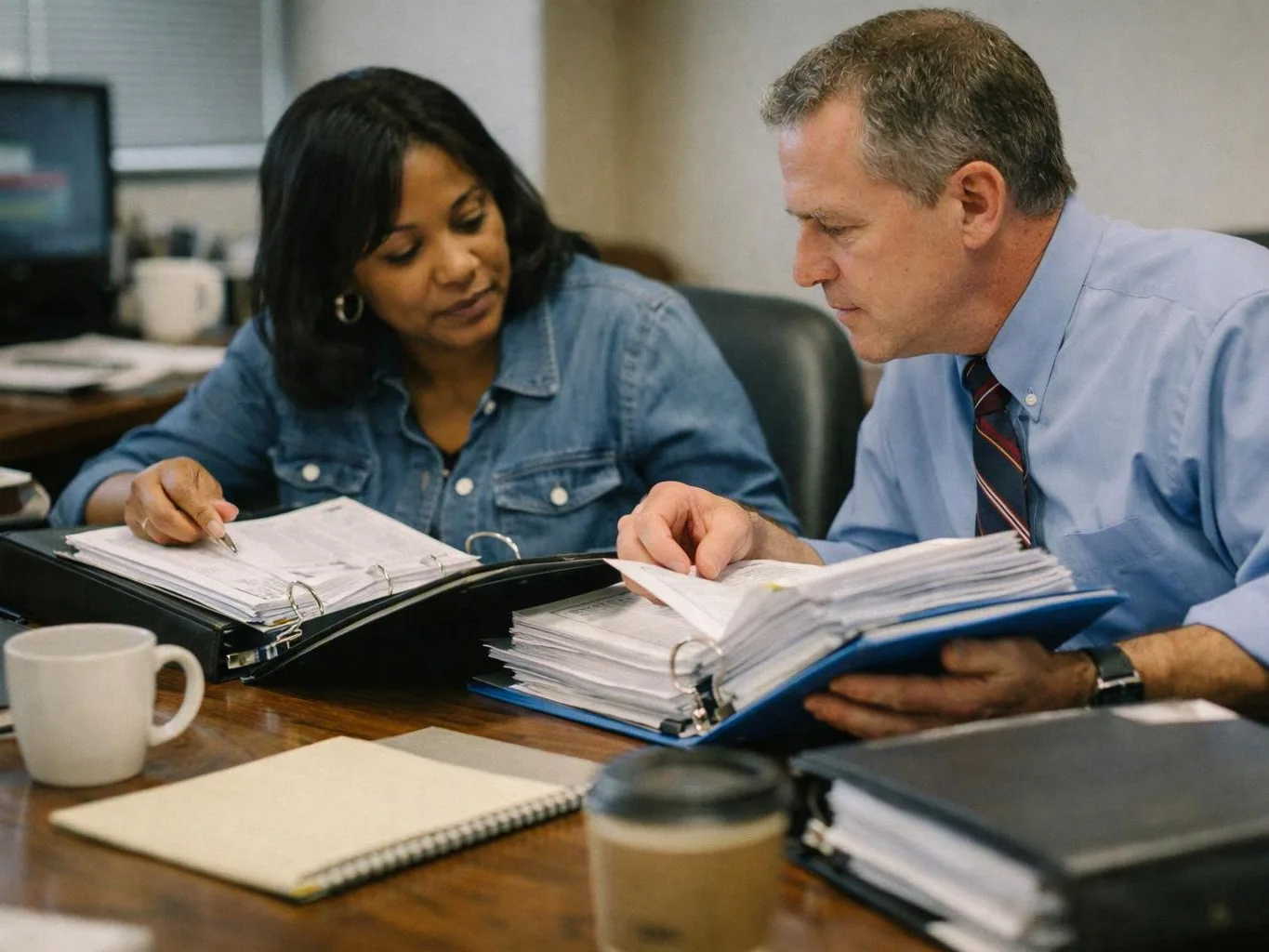 Two coworkers review thick binders at a desk, pointing at papers in a small office
