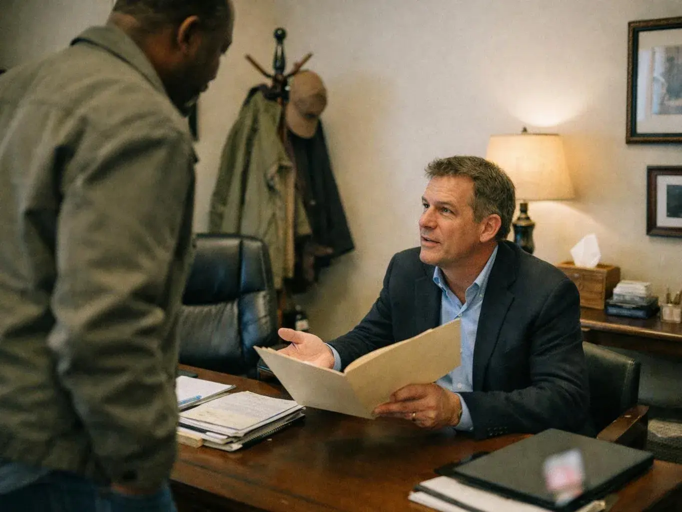 Two men meet in an office, one seated with a folder while the other stands beside the desk