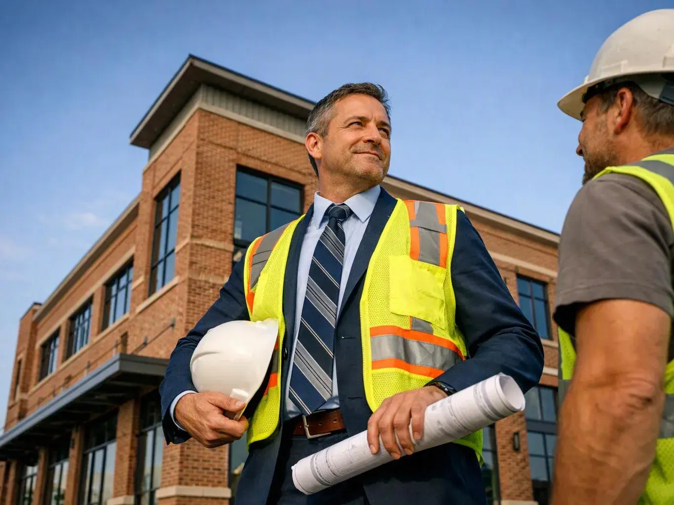 Two men in safety vests stand outside a brick building, one holding a hard hat and rolled blueprints