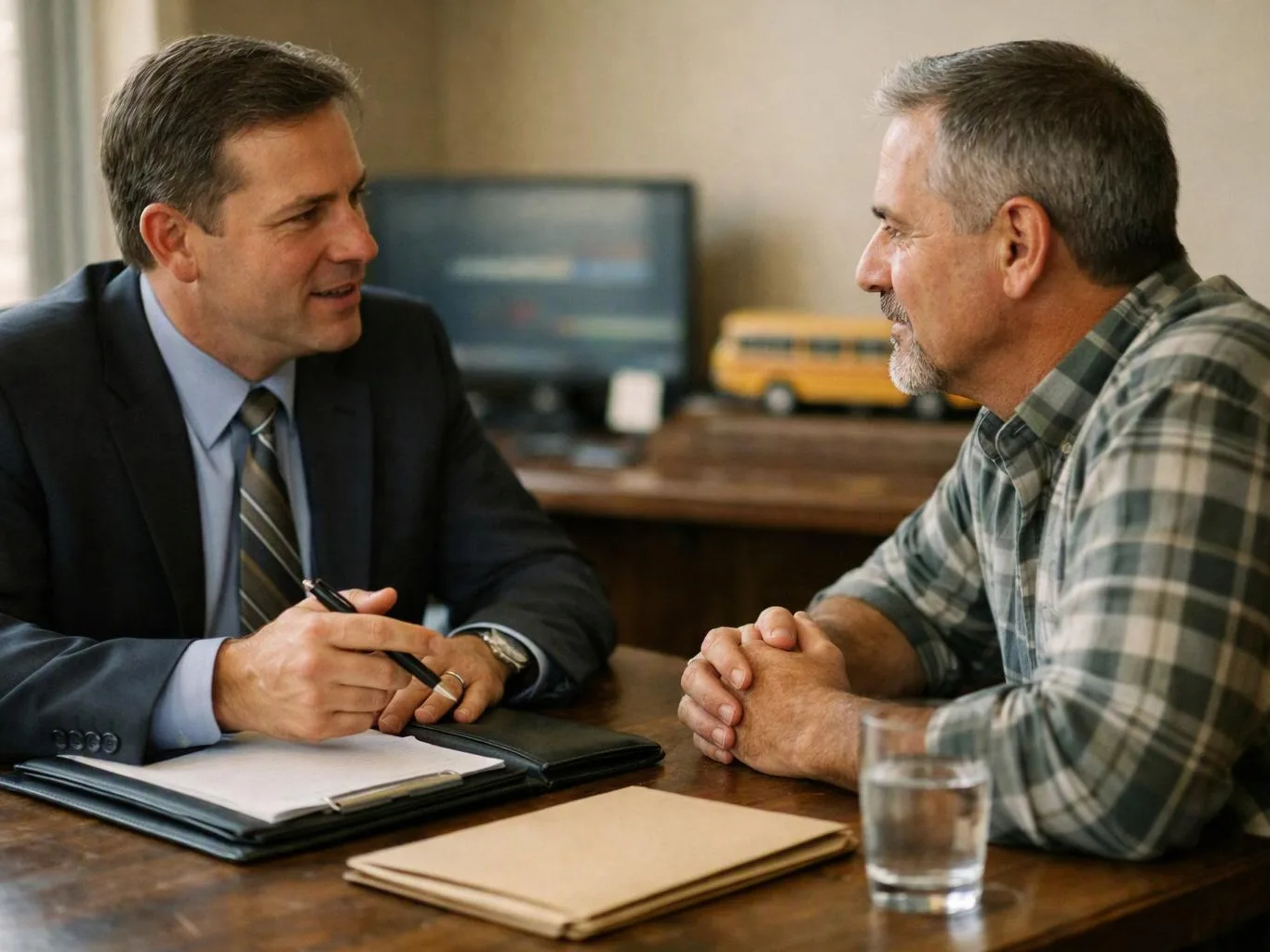 Two men sit across a table in an office, one taking notes while they talk