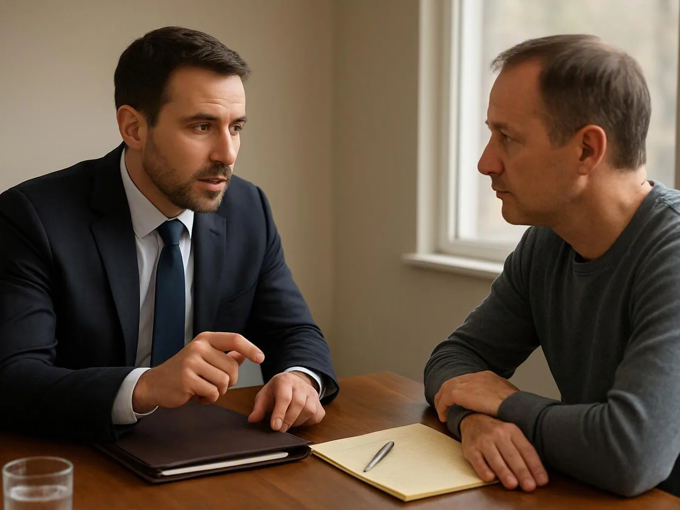 Two men sit across a table in a quiet room, one in a suit speaking while the other listens внимательно