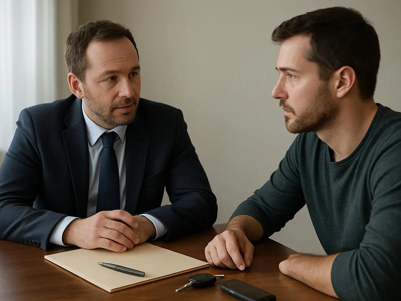 Two men sit across a table in a quiet room, talking over a notepad and keys