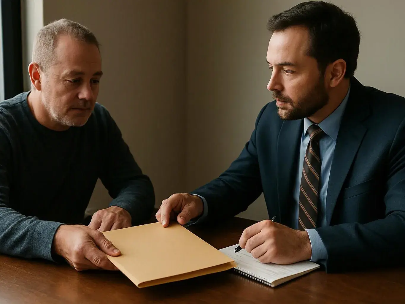 Two men sit at a table, one handing over a tan folder while the other takes notes in a notebook