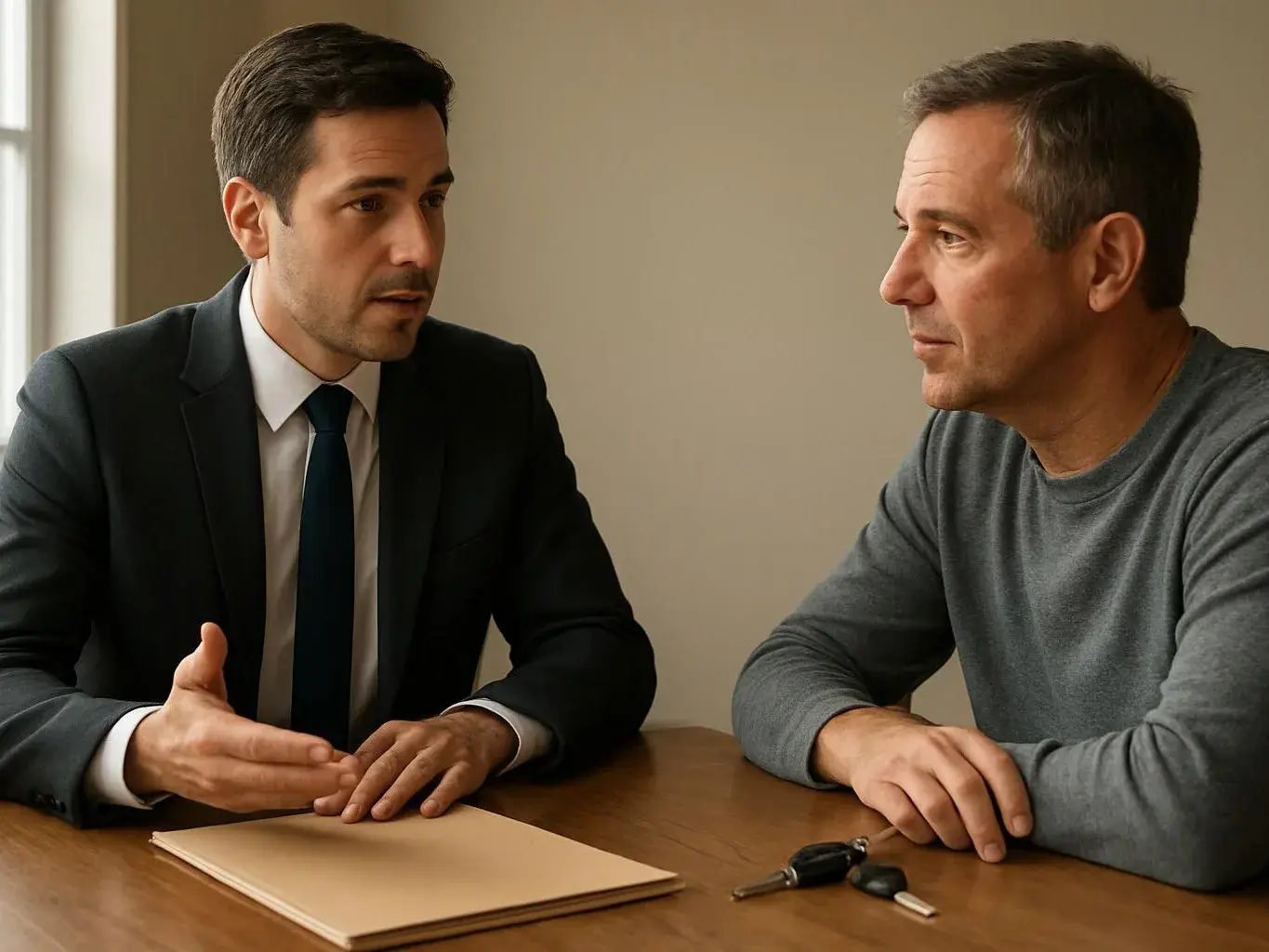 Two men sit at a table, one in a suit speaking while the other listens beside a folder and car keys