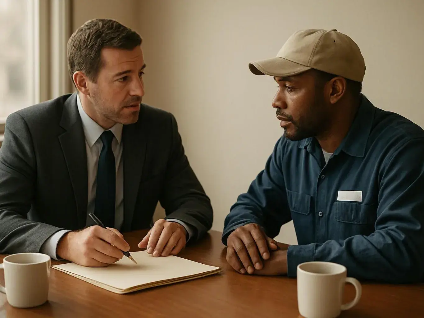 Two men sit at a table, one in a suit writing on paper while the other in a work shirt listens closely