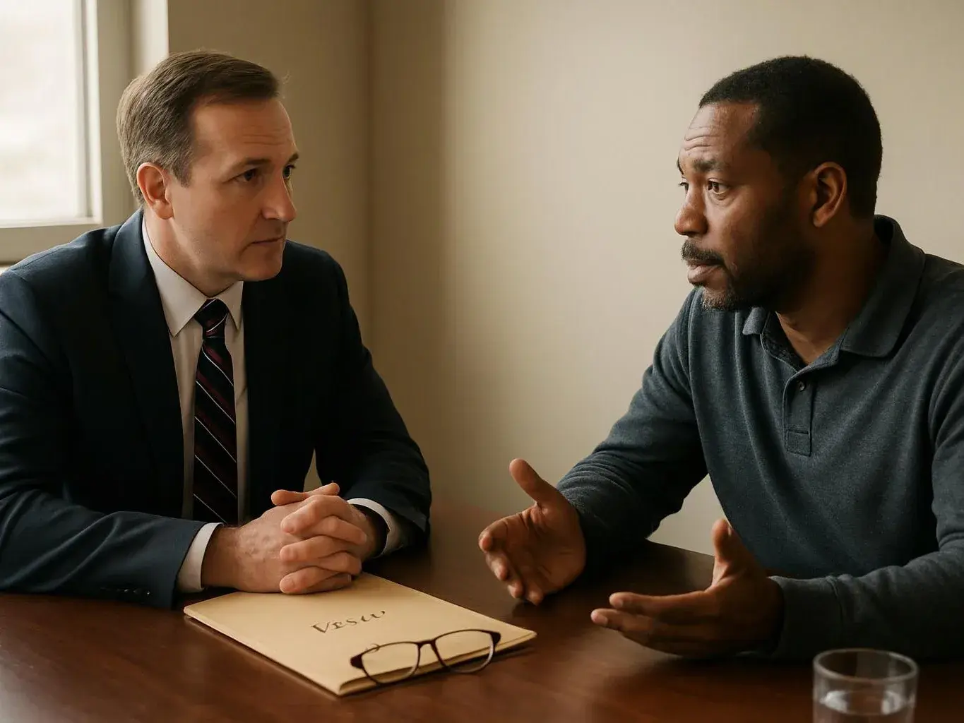 Two men sit at a table in a plain room, talking across a folder and glasses