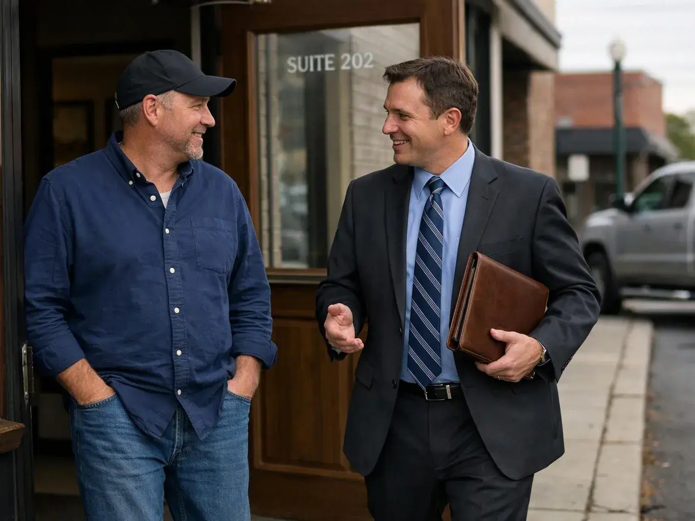 Two men smile and talk outside a doorway marked Suite 202, one in a suit holding a folder