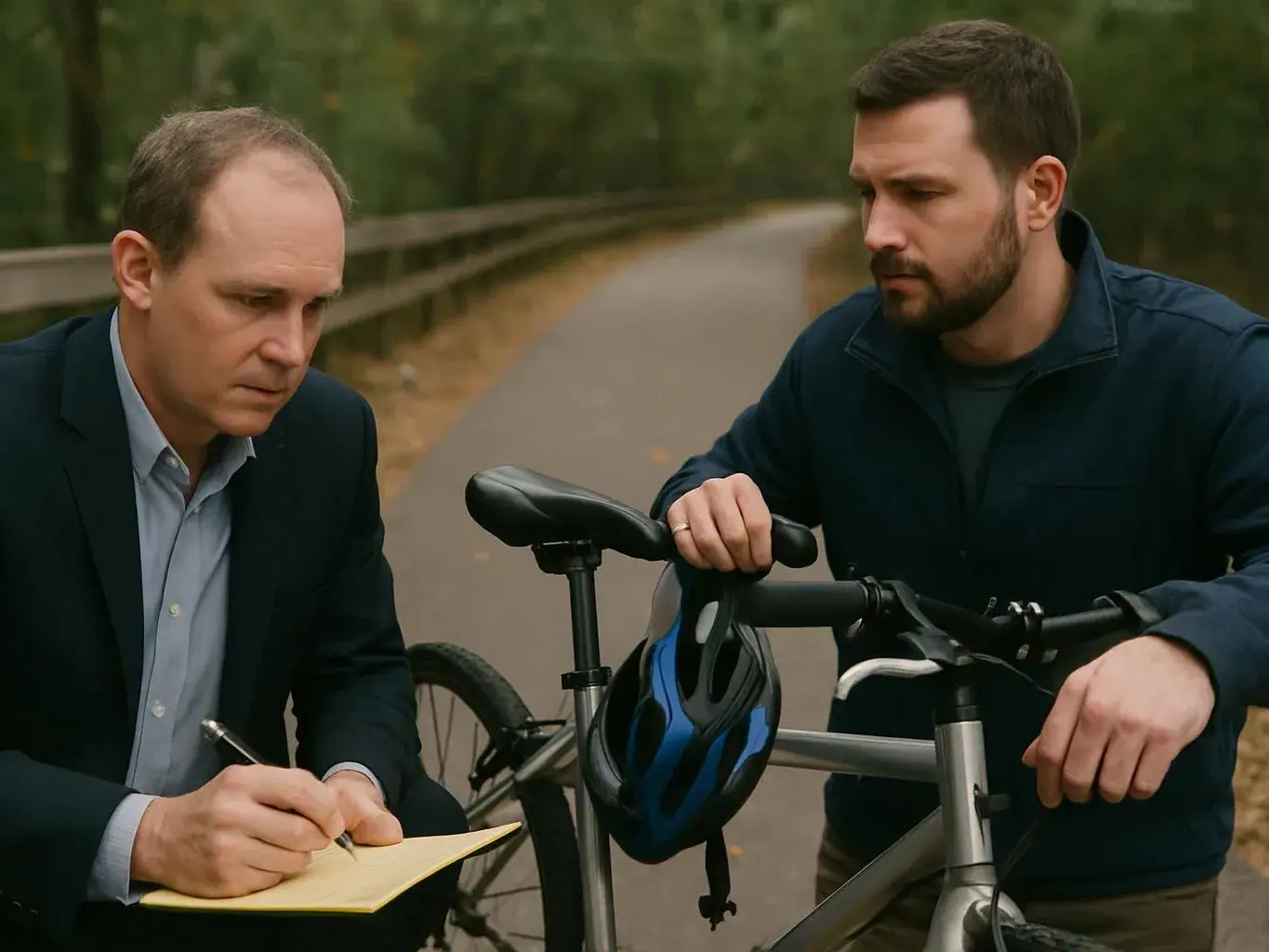 Two men stand by a bicycle on a forest path, one writing in a notebook while the other watches closely