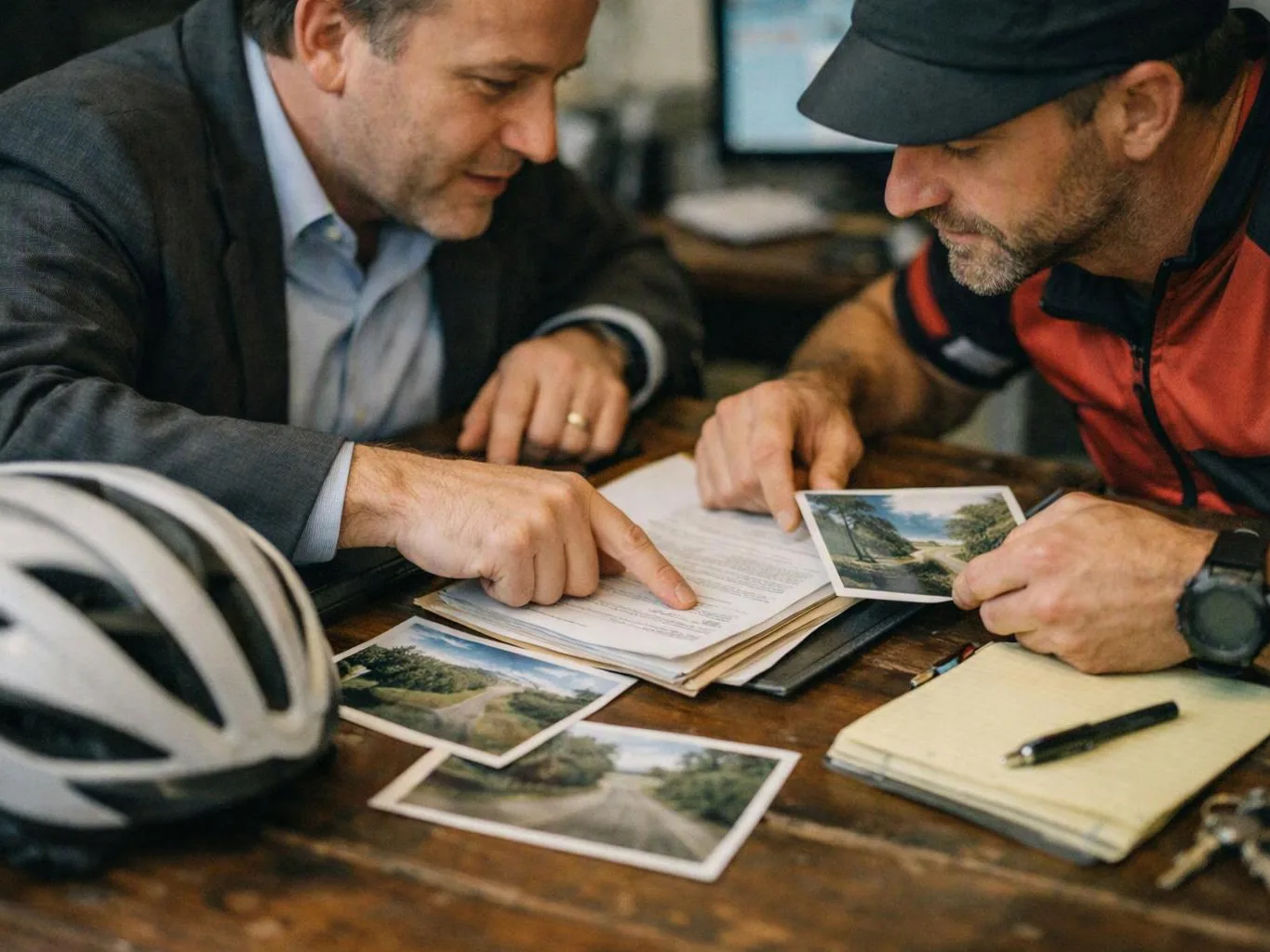 Two men study papers and landscape photos at a wooden table, with a bike helmet and notebook nearby