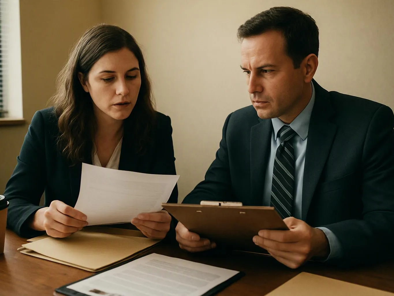 Two office workers review papers and a clipboard at a wooden table in a plain meeting room