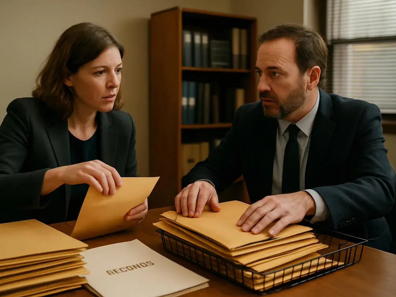 Two office workers sort manila envelopes at a desk with stacks of files and a binder labeled “RECONOS”