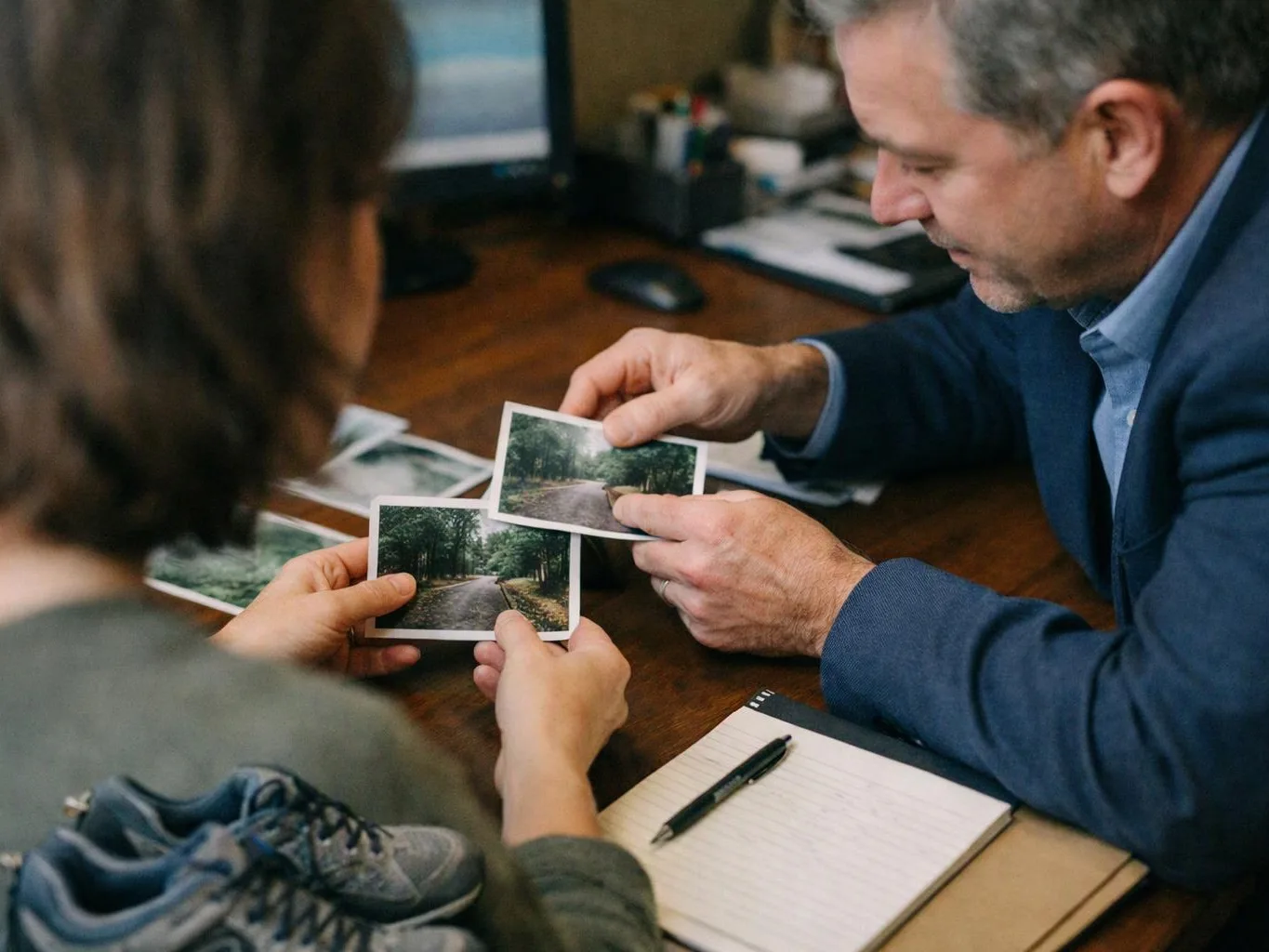 Two people compare printed forest path photos across a wooden desk with a notebook and pen nearby