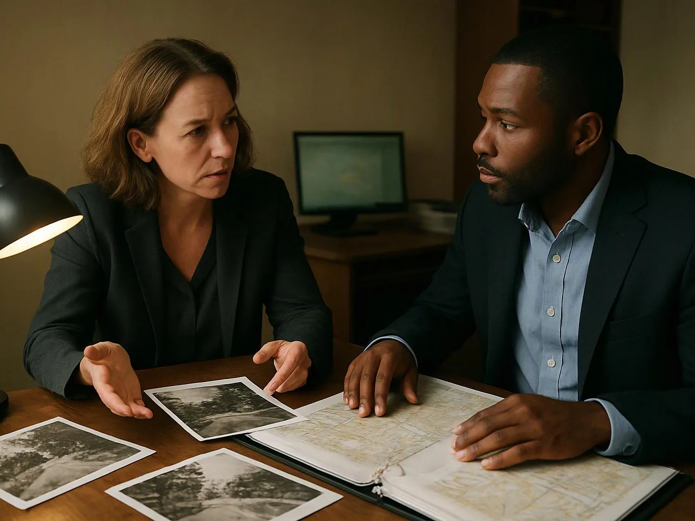 Two people in dark suits discuss printed photos and a map at a desk under a lamp