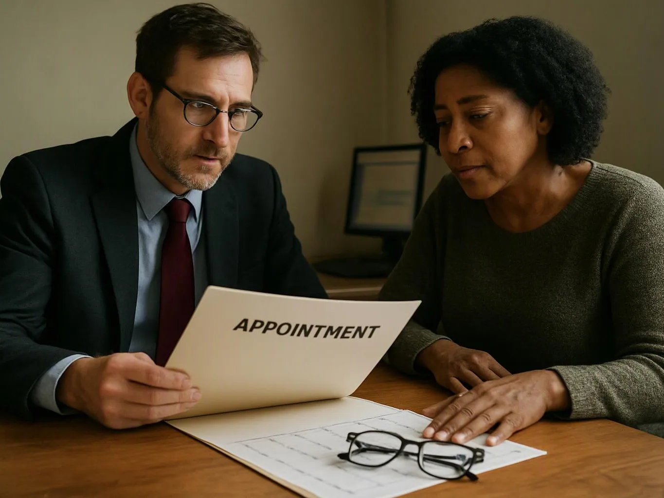 Two people review an appointment folder at a wooden desk with eyeglasses and papers in a quiet office