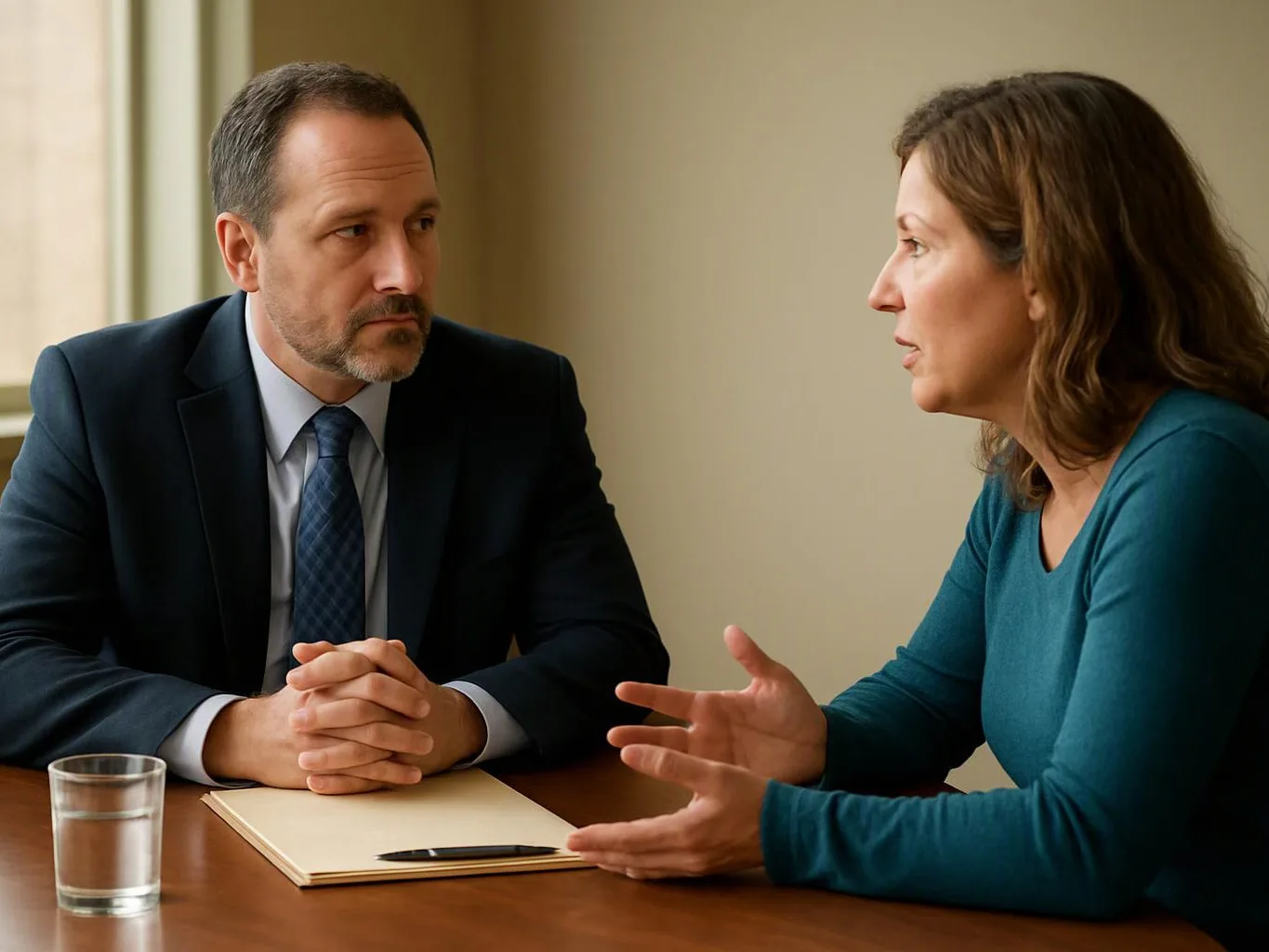 Two people sit across a table, one listening intently while the other gestures during a serious conversation