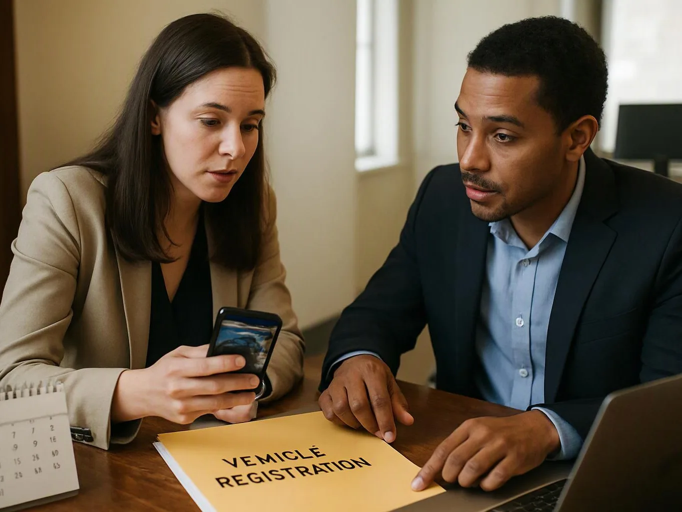 Two people sit at a desk reviewing a yellow folder labeled “VEMICLE REGISTRATION” while one holds a phone
