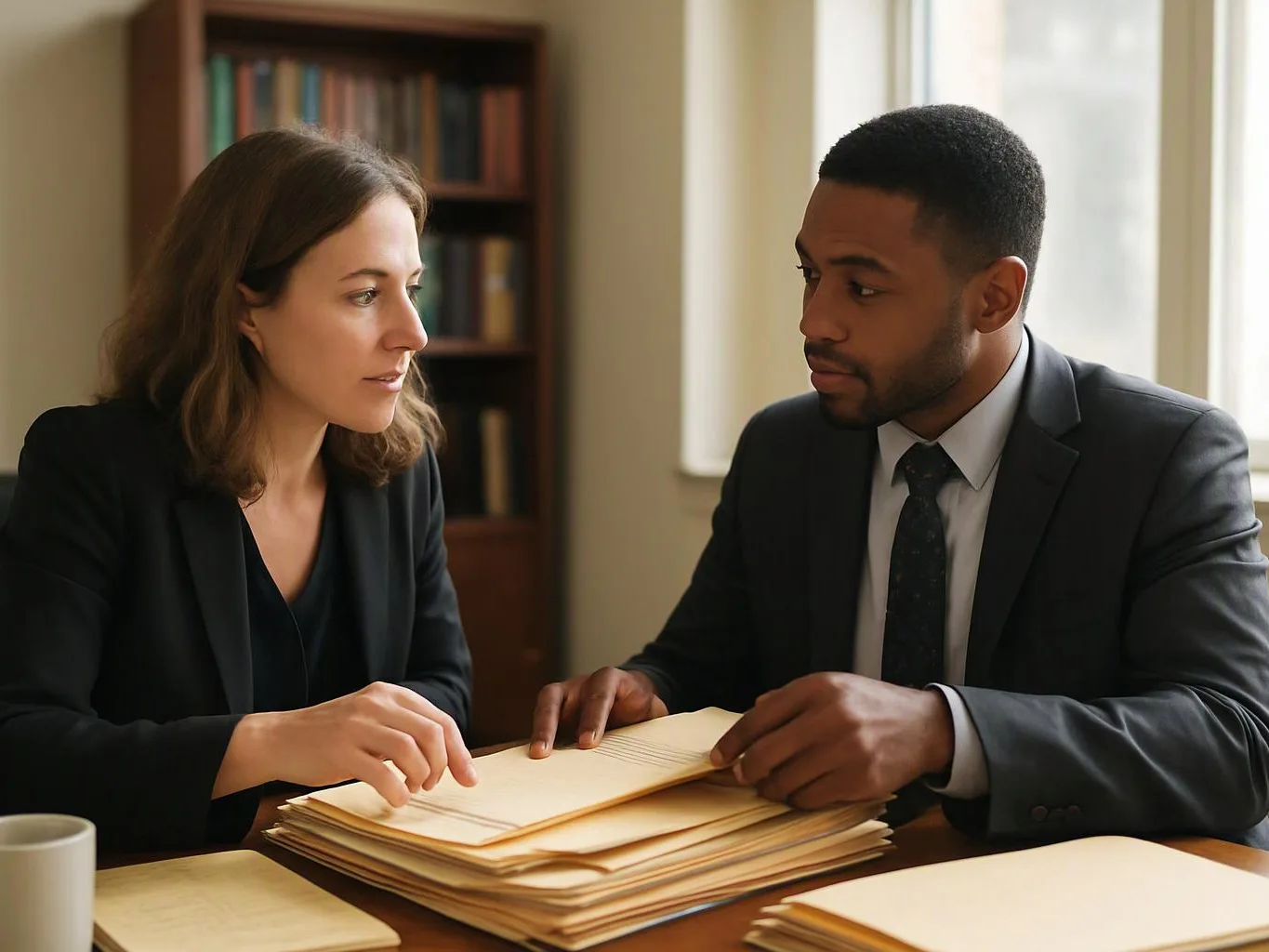 Two people in suits review a stack of folders at a table in a bright office