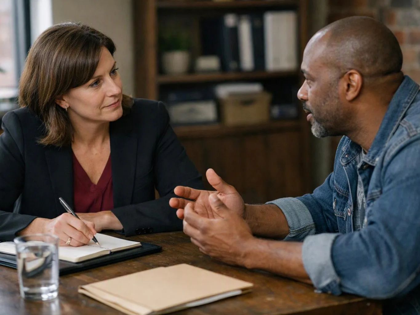 Two people talk across a wooden table, one taking notes while the other gestures in a room with shelves behind them