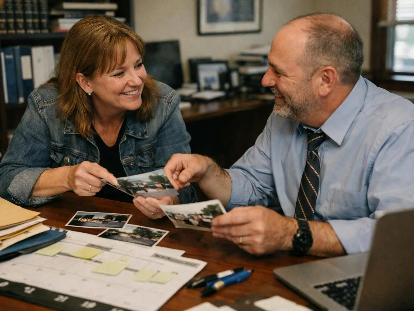 Two smiling coworkers compare printed photos and papers across a desk in an office