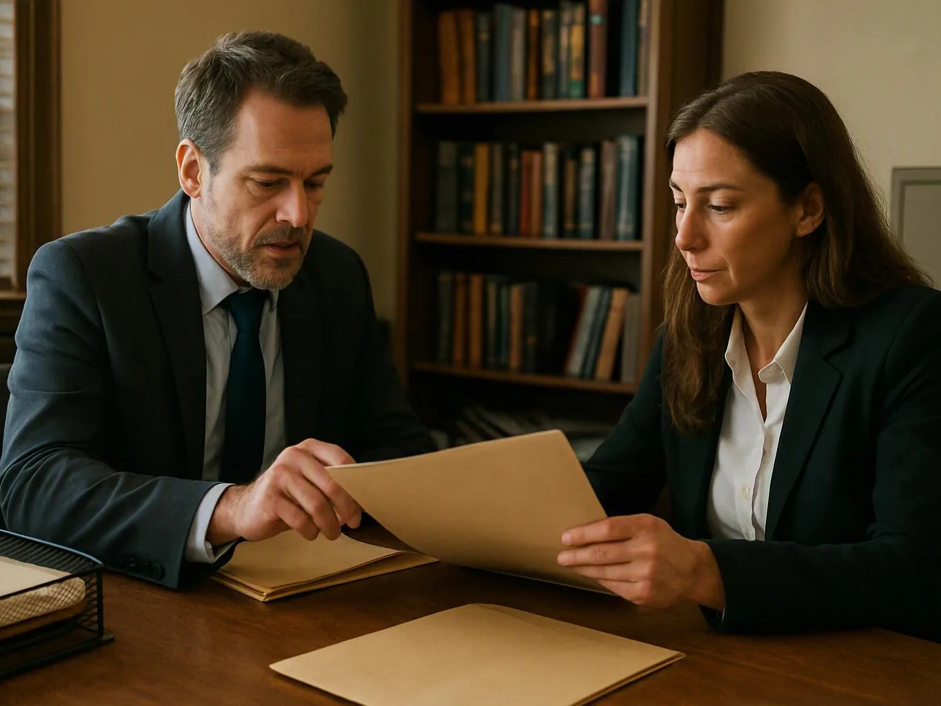 Two suited adults review papers at a wooden table in a book-lined office