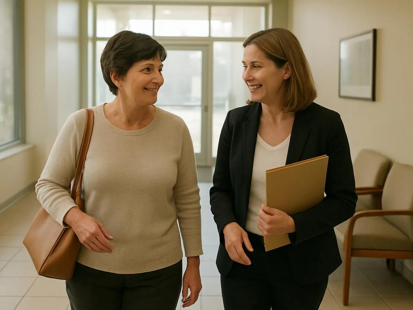 Two women smile and walk together through a bright hallway, one carrying a folder and a shoulder bag