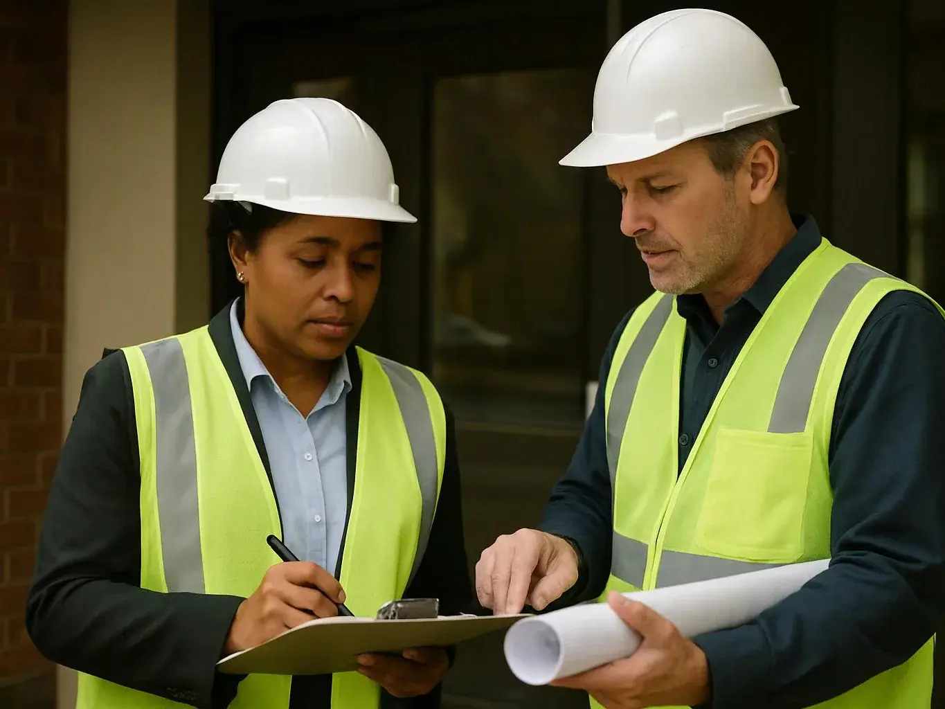 Two workers in hard hats study plans and take notes outside a building