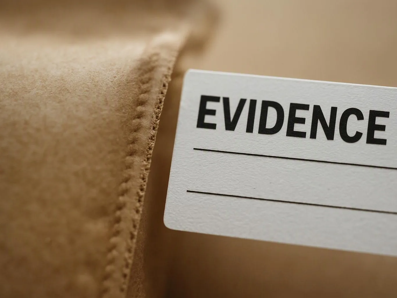 A white evidence label peeks from a brown paper envelope in a close-up view